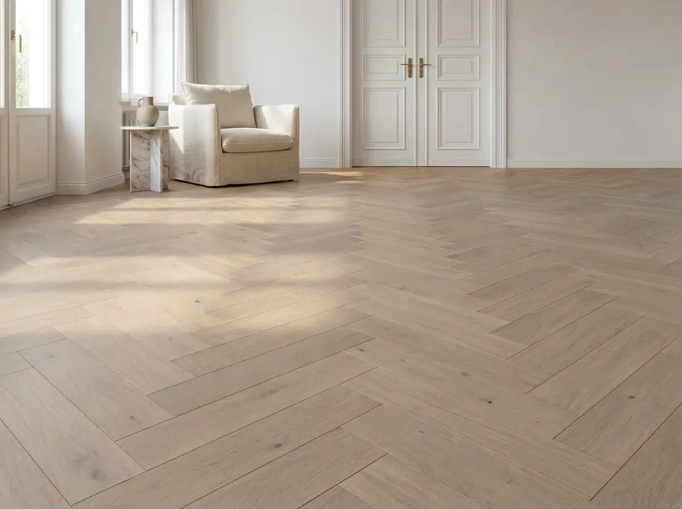 Fischgrät 90° in Cornsilk, verlegt in einem Wohnraum