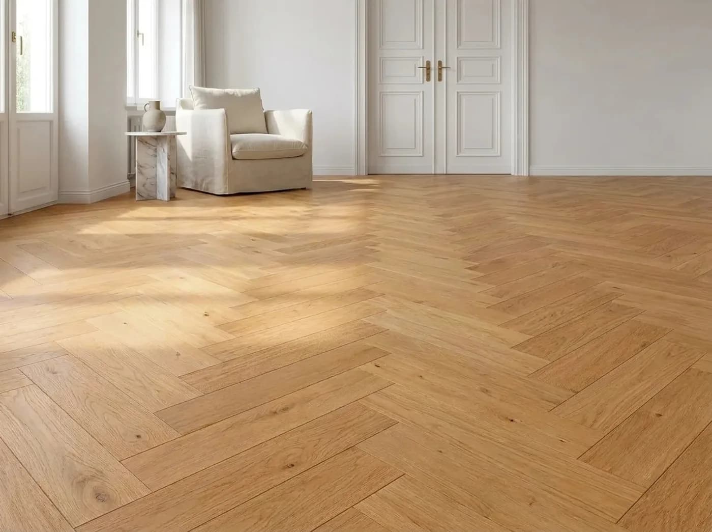 Fischgrät 90° in Pure, verlegt in einem Wohnraum