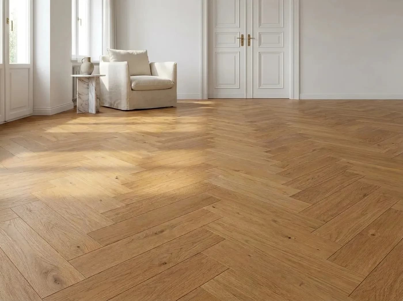 Fischgrät 90° in Smoked Oak, verlegt in einem Wohnraum