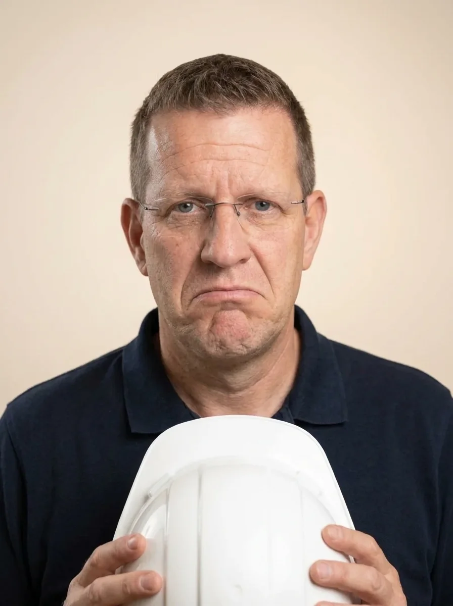 Roger Derksen schaut traurig und hält seinen Bauhelm