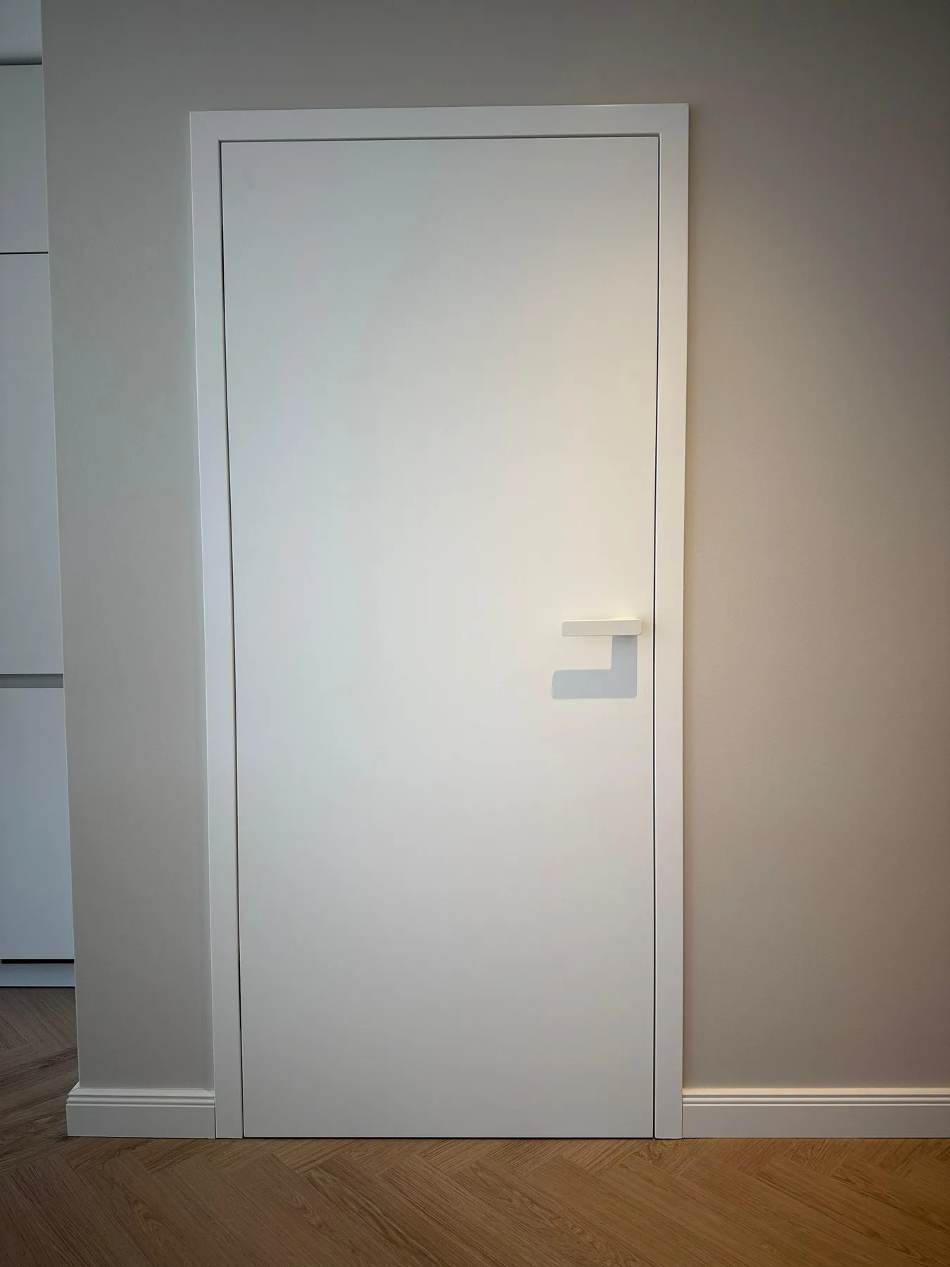 Flächenbündige weiße Tür mit weißem Edelstahlgriff, frontal