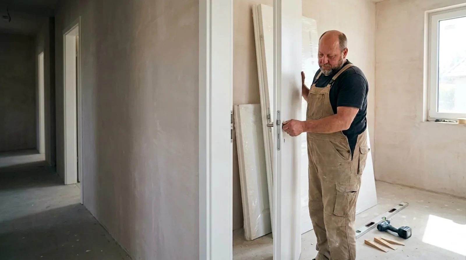 Ein Monteur baut eine weiße Innentür auf einer Baustelle ein